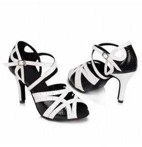 Women ballroom Latin Shoes competition Black White 8.5cm High Heels Soft Sole indoor tango waltz flamenco dance sandal shoes